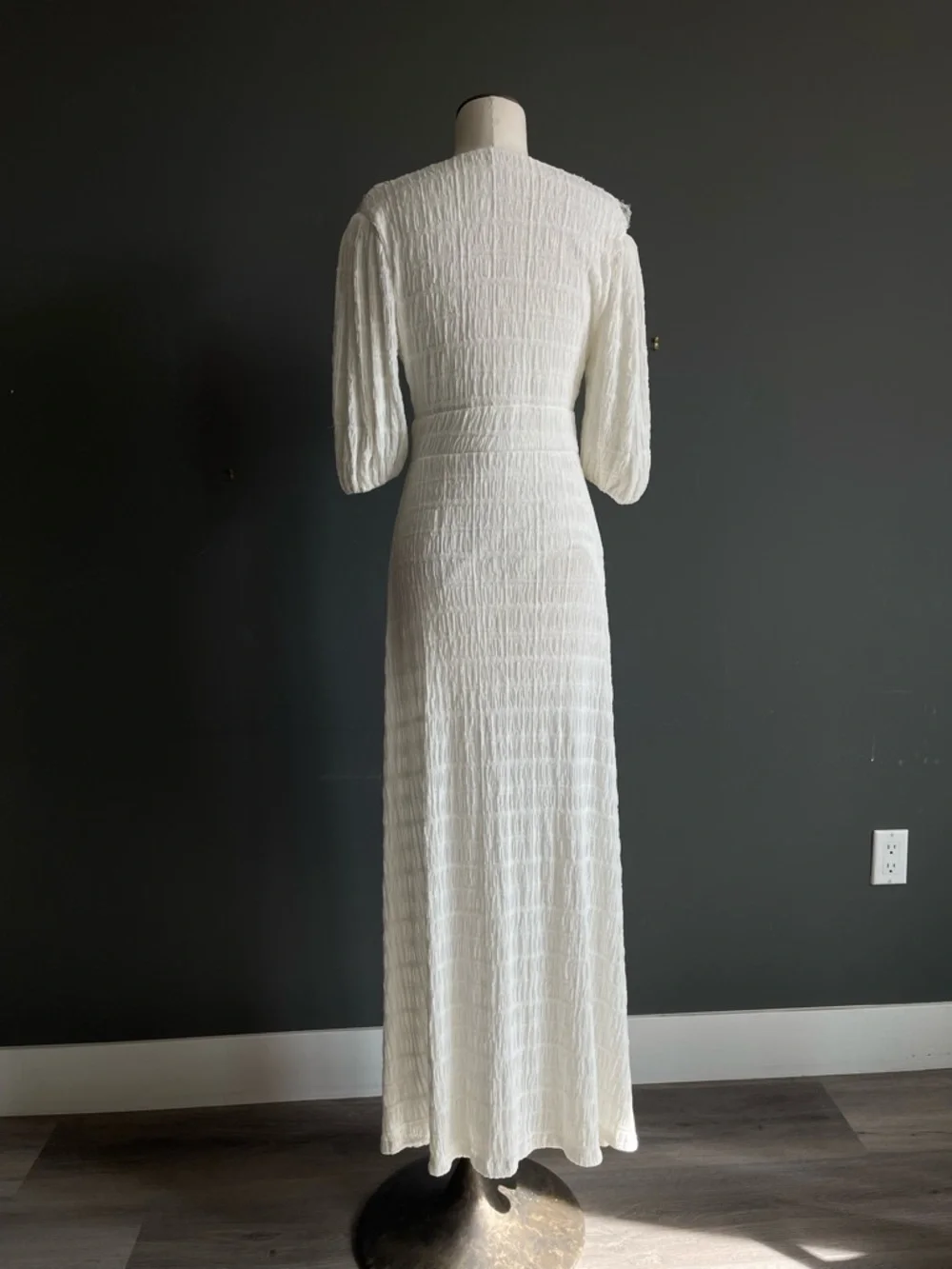 CIEBON White Textured Midi Dress Lace Trim Puff Sleeve Romantic Cottagecore Soft - Picture 4 of 5
